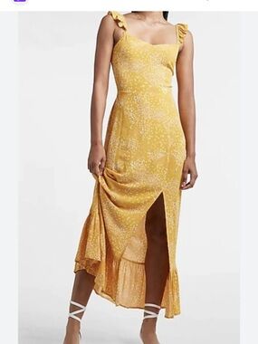 Express Yellow Spotted Ruffle-Hem Maxi Dress, size Medium